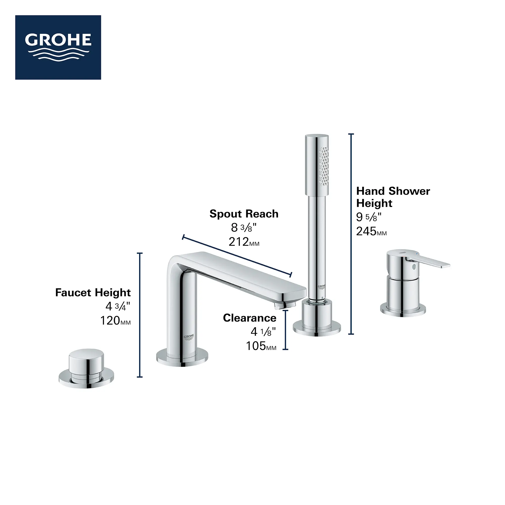 4-Hole Single-Handle Deck Mount Roman Tub Faucet with 1.75 GPM (6.6 L/min) Hand Shower - Image 13