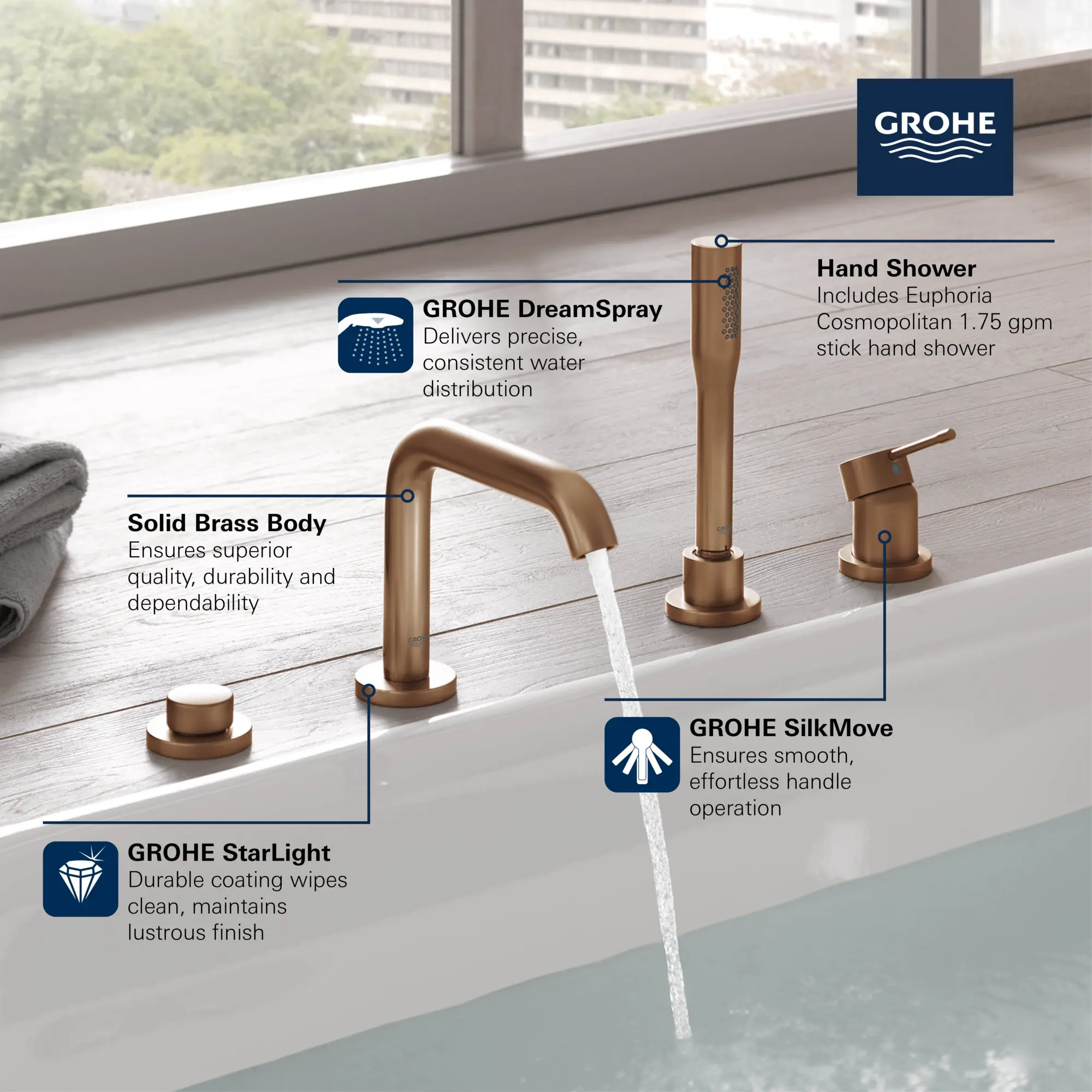 4-Hole Single-Handle Deck Mount Roman Tub Faucet with 1.75 GPM (6.6 L/min) Hand Shower - Image 12