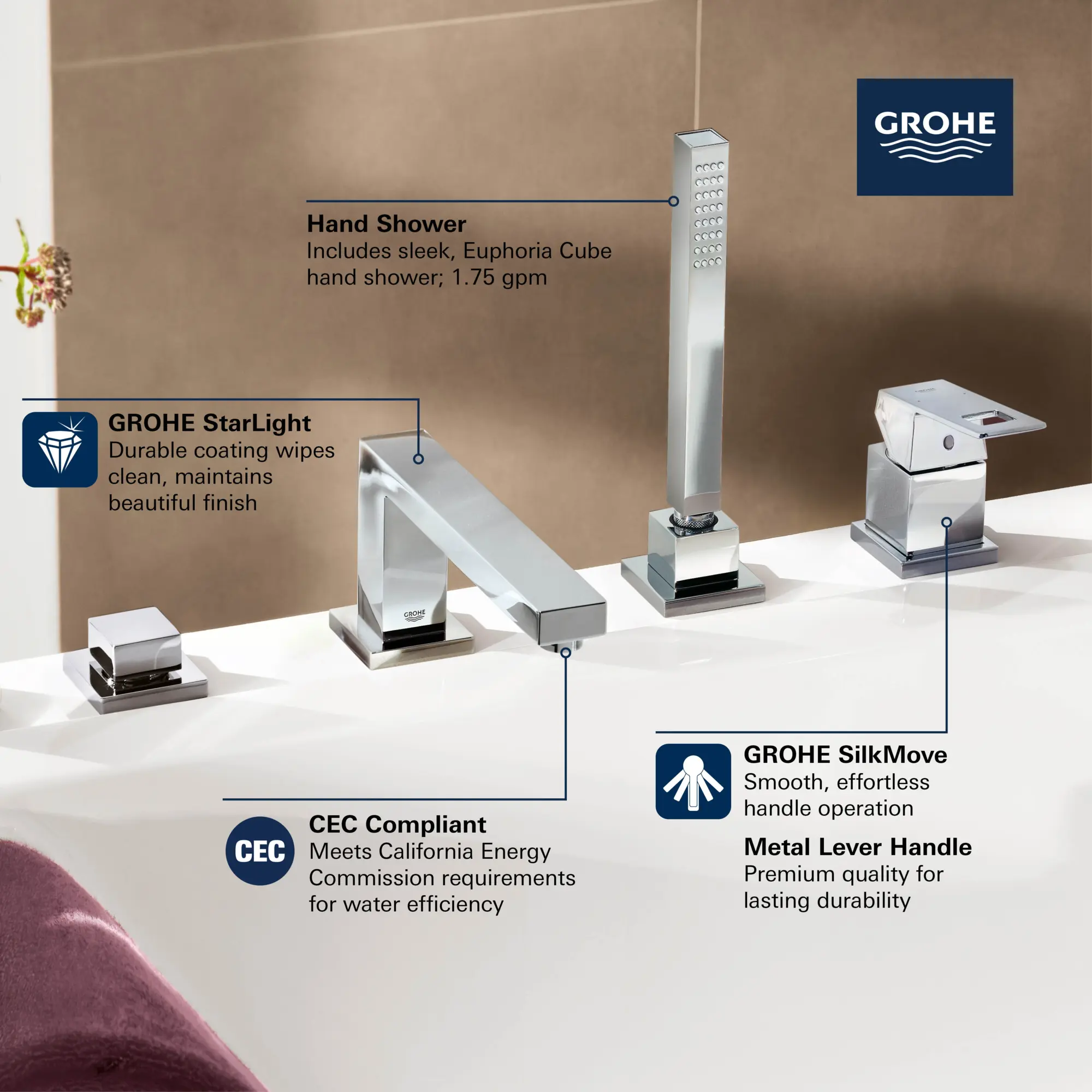 4-Hole Single-Handle Deck Mount Roman Tub Faucet with 1.75 GPM (6.6 L/min) Hand Shower - Image 5