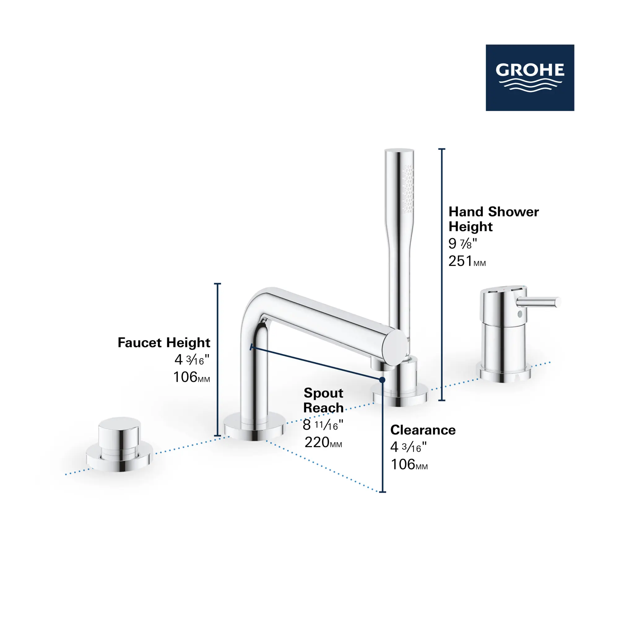 4-Hole Single-Handle Deck Mount Roman Tub Faucet with 1.75 GPM (6.6 L/min) Hand Shower - Image 4
