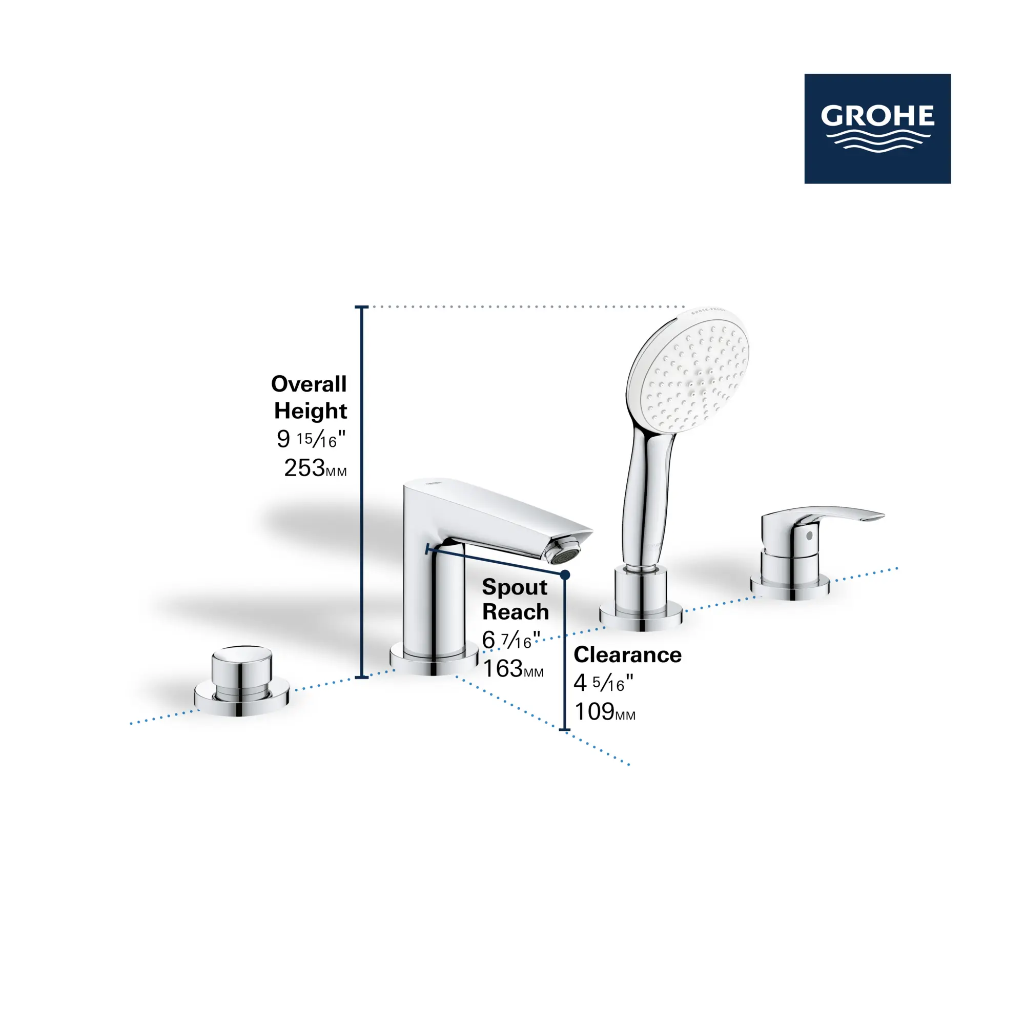 Eurosmart 4-Hole Single Handle Deck Mount Roman Tub Faucet with 1.5 gpm (5.7 L/min) Hand Shower - Image 12